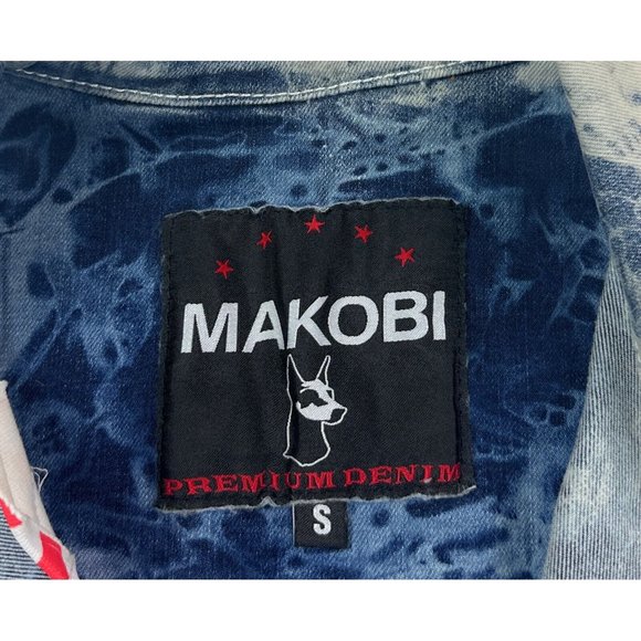Makobi Men Small Denim Jean Jacket Acid Wash Light Blue Painted Distressed M1052 - Picture 8 of 11